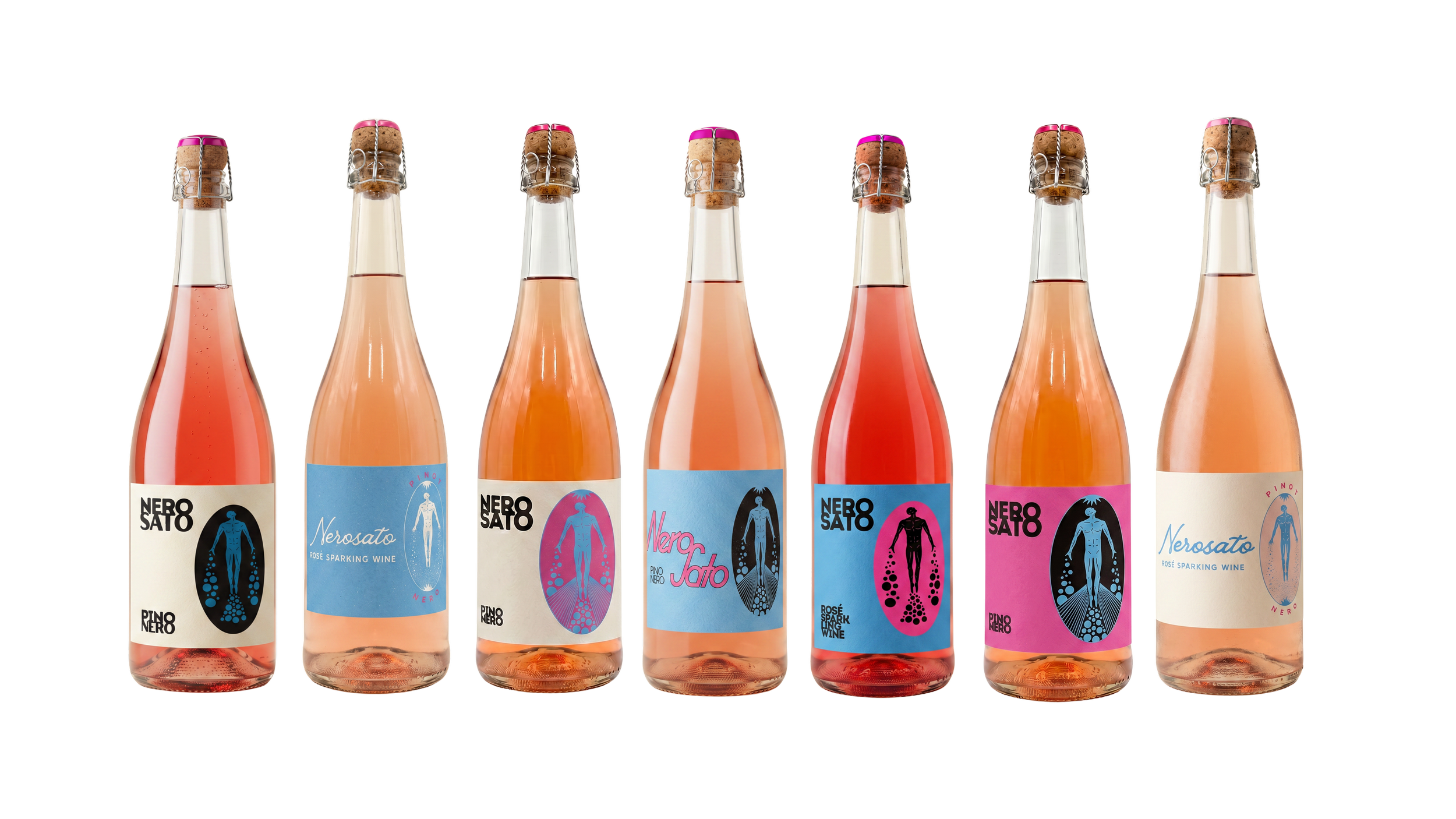 Seven bottles of rosé sparkling wine with colorful labels featuring abstract human figures and the brand Nero Sato, with corks and wire cages on top.