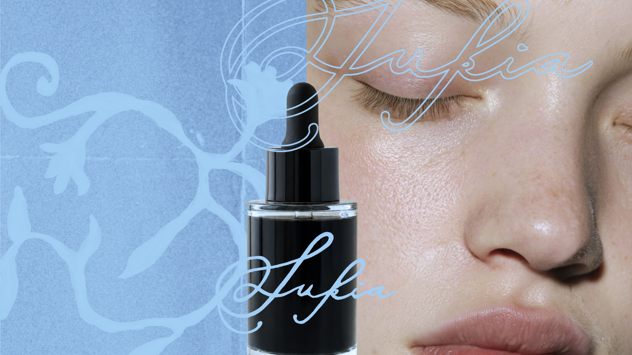 Close-up of a woman's face with closed eyes holding a black lipstick tube near her lips. The background features a blue textured surface with white botanical line art and cursive text overlay.