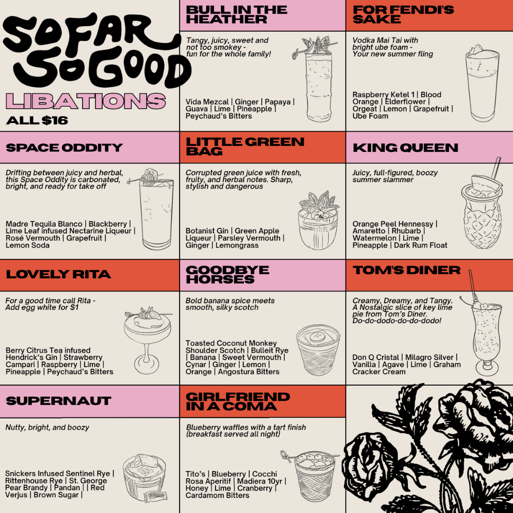 A bar Menu featuring various colorful cocktail and drink options with descriptions, illustrations of drinks, and stylized text for a bar or restaurant.