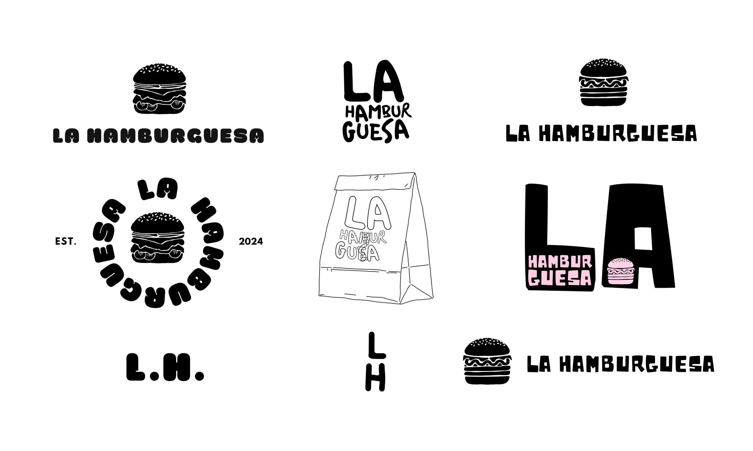Black background with pink text that reads "HAMBUR GUESA" and a pink cartoon burger icon.