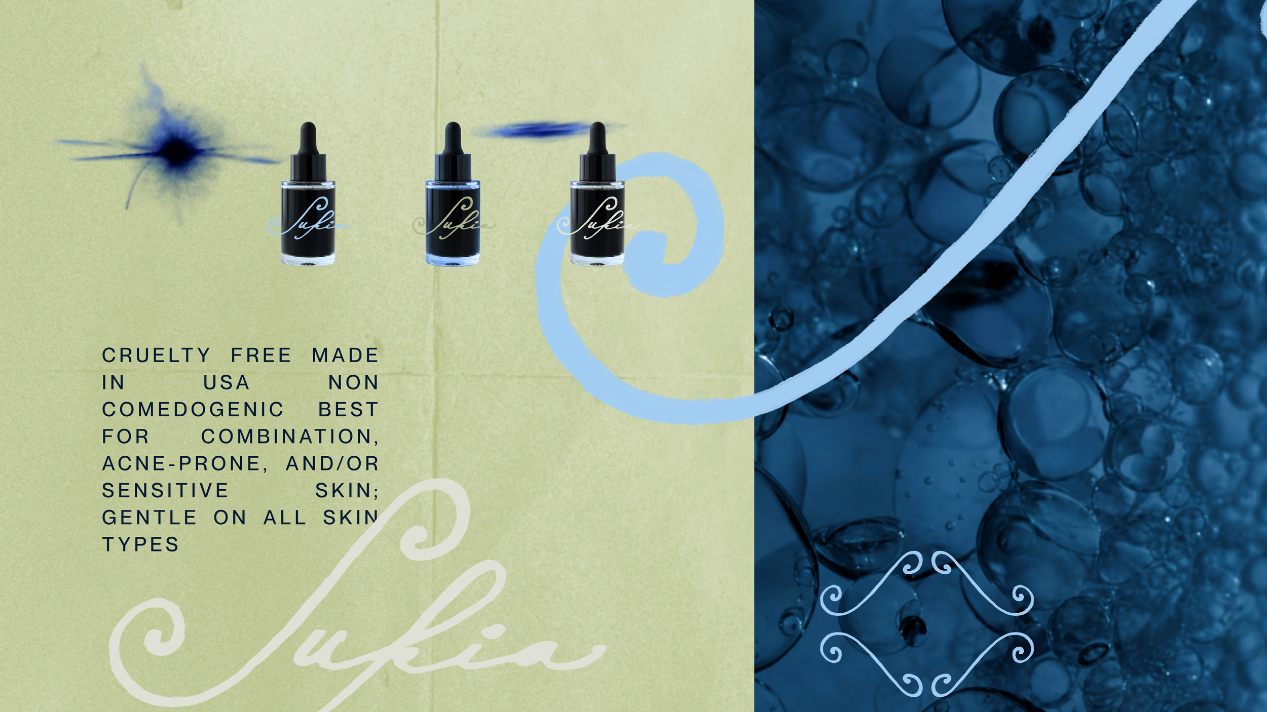 Three small bottles of skincare serum labeled 'Sukia' on a background with abstract blue bubbles and a doodle of a face. There is text mentioning cruelty-free, non-comedogenic, suitable for sensitive skin, and gentle on all skin types.