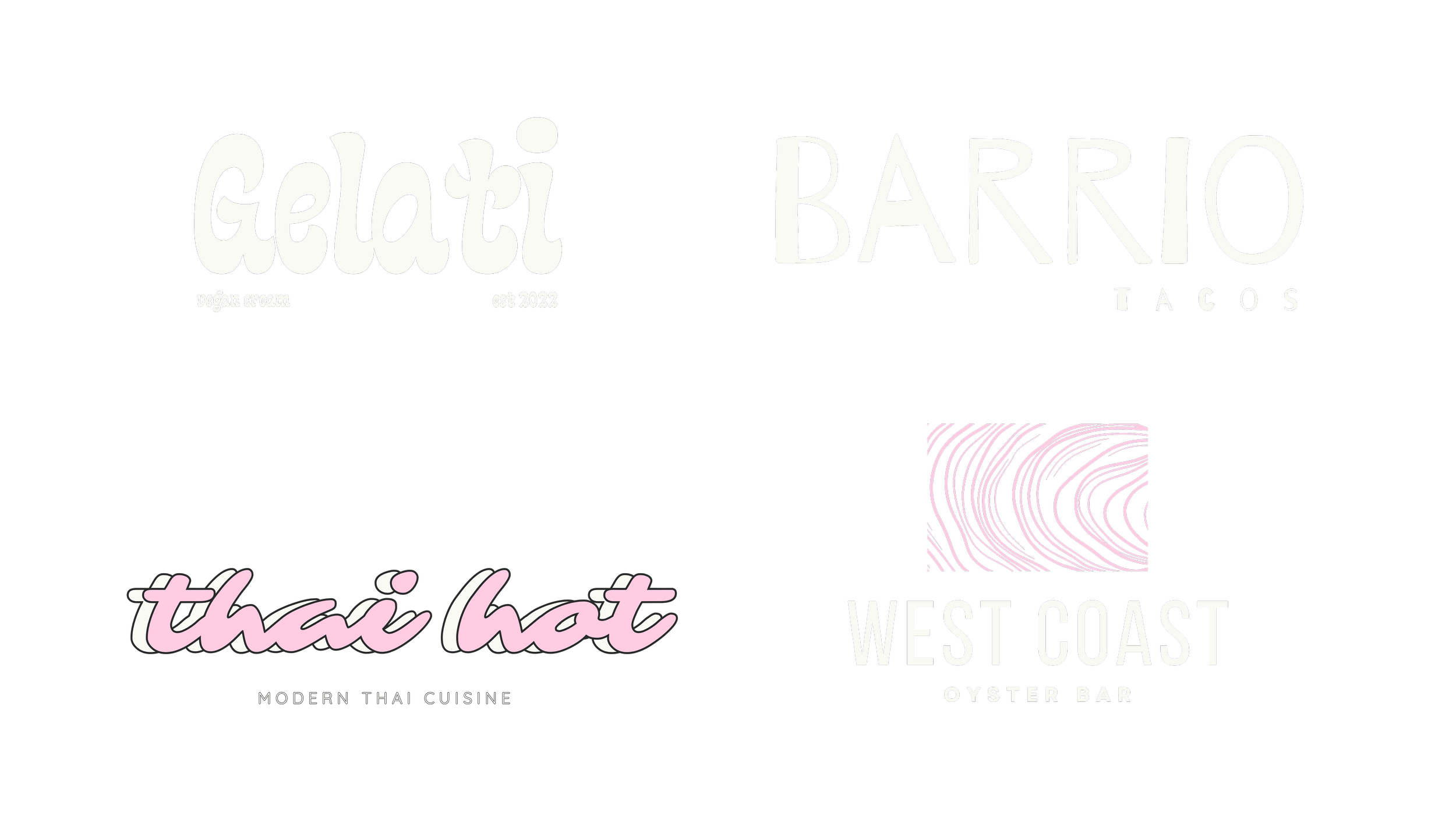 Various signs and text on a black background, featuring words like 'gelato', 'BARNO', 'tacos', 'Thai', and 'West Coast', along with phrases like 'vegan cream', 'est 2022', and 'Modern Thai Cuisine'.