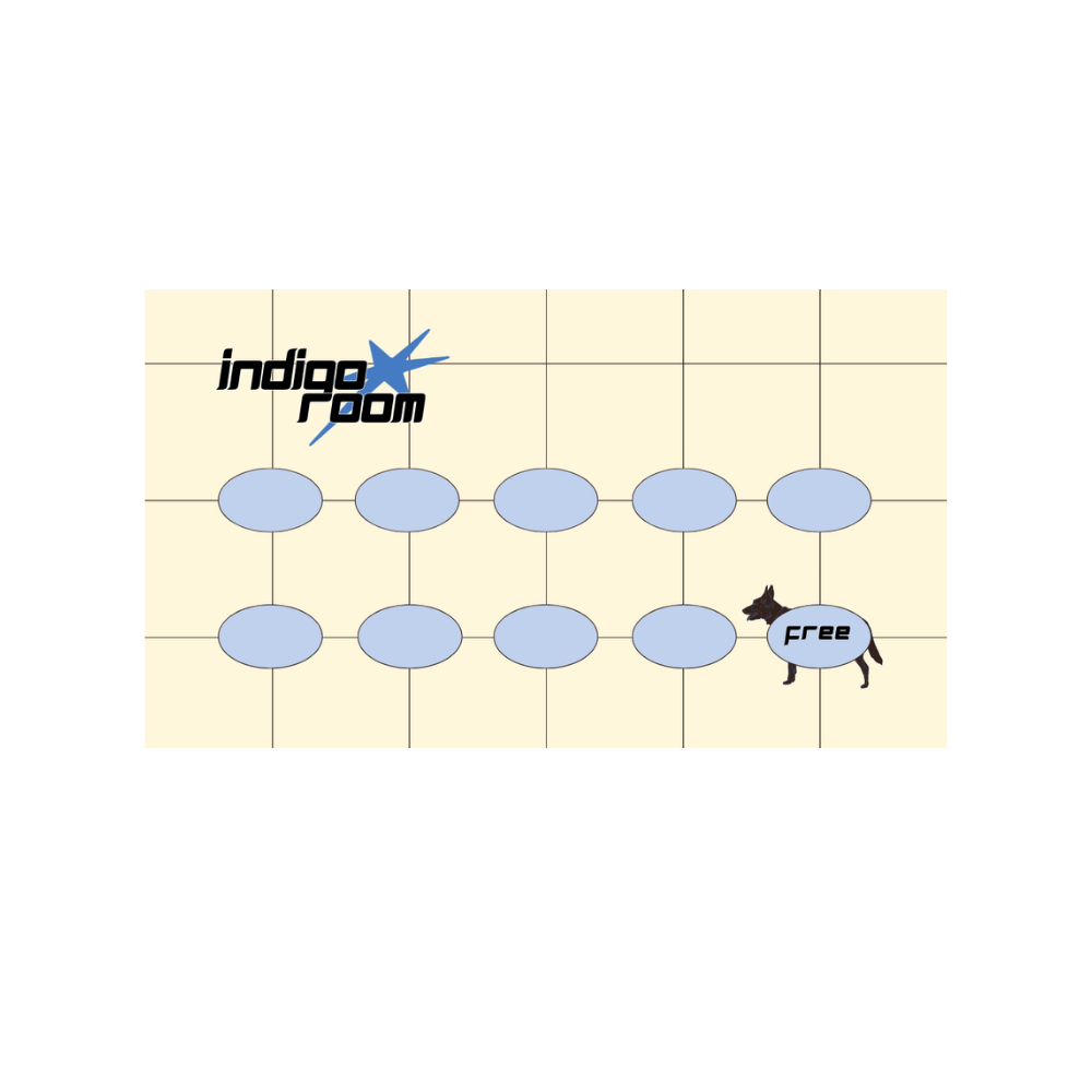 A backgammon game board with beige and cream checkered pattern, blue oval pieces, a logo that reads "indigo room" in black text with a blue starburst, and a black cat with a blue speech bubble that says "FREE".
