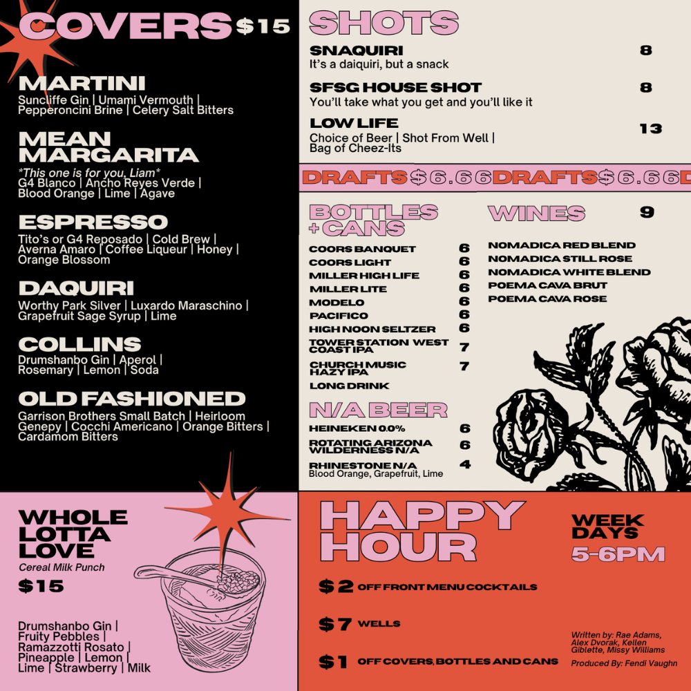 A colorful bar menu featuring bar drink options, prices, and happy hour specials, including cocktails, wines, beers, and snacks.