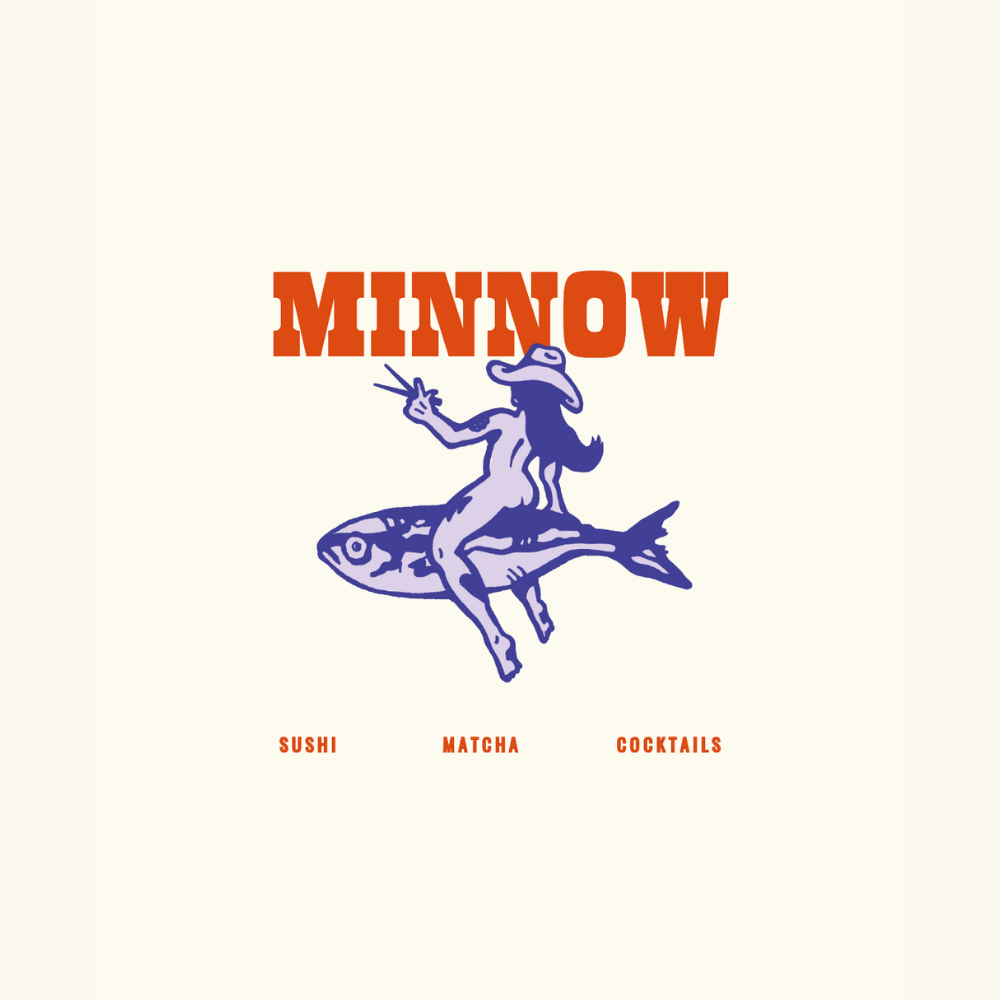 Logo featuring a woman riding a fish, holding chopsticks, with the word 'MINNOW' in large red letters at the top and menu items 'SUSHI,' 'MATCHA,' and 'COCKTAILS' below.