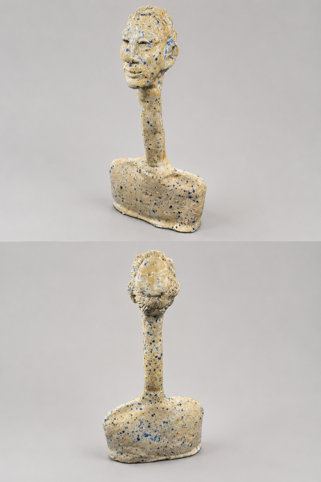 Two views of a speckled ceramic sculpture depicting an elongated human head, neck, and shoulders on a rounded rectangular base. Handmade Jewish Ceramic Wall Sculptures