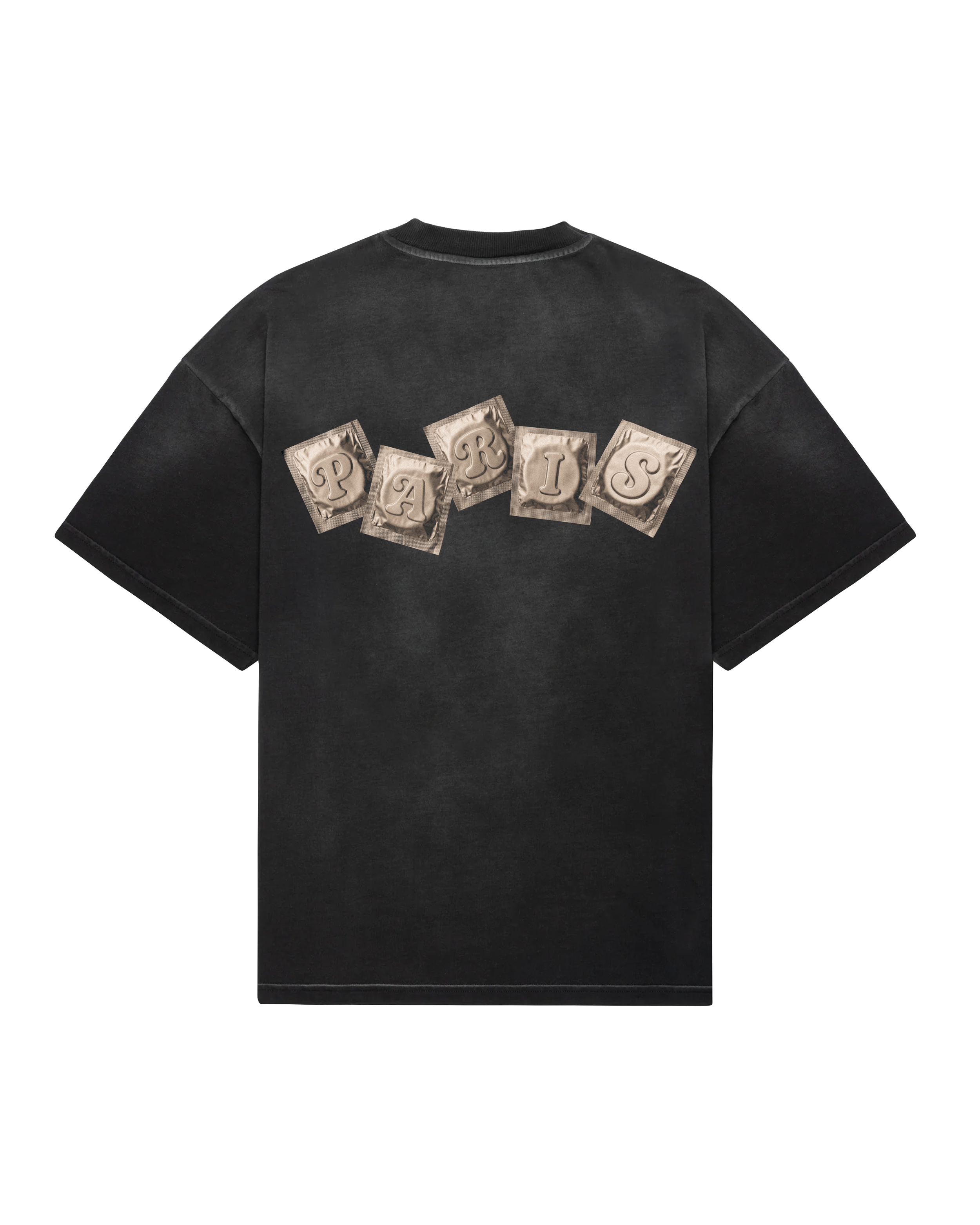 Back of a faded black oversized t-shirt, with five gold foil packets in a staggered line across the upper back spelling PARIS.