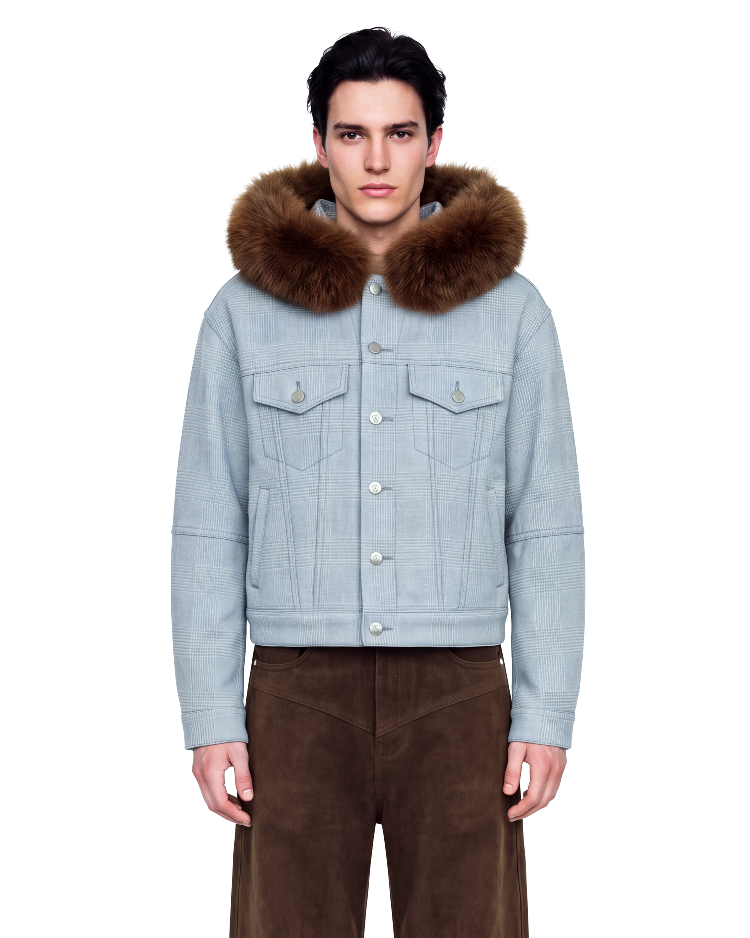Blue Glen Check Fur Hood Trucker Jacket