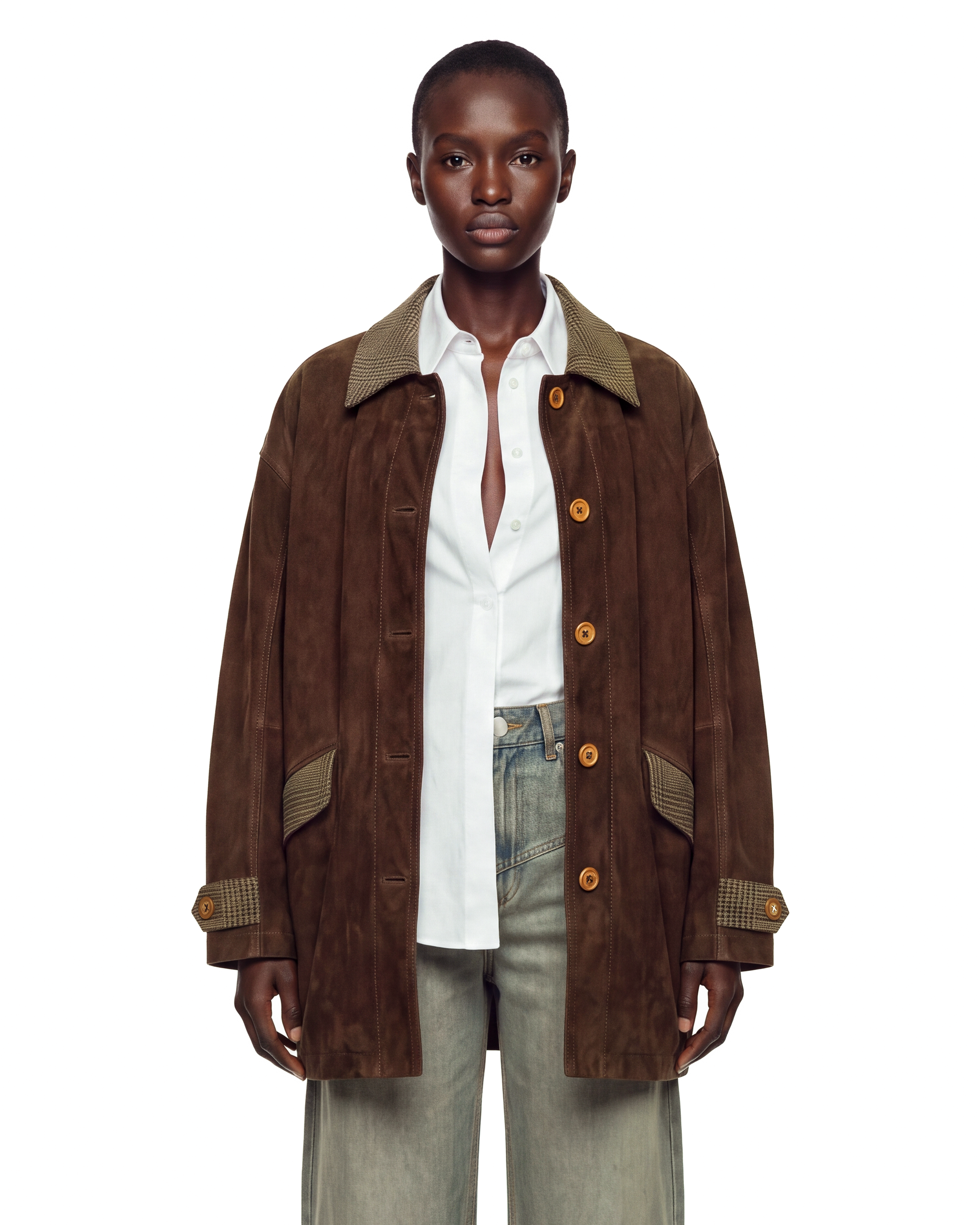 Brown Suede Check Trim Coat
