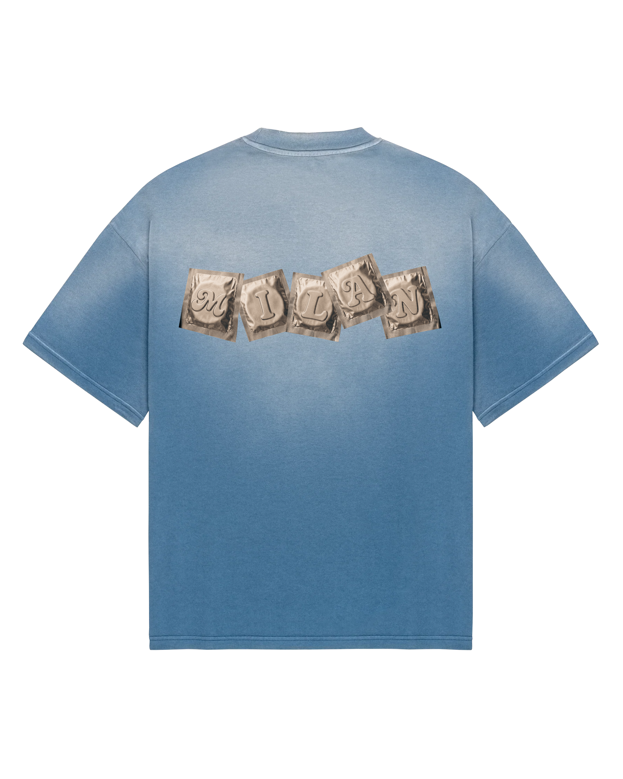 Back of a faded blue oversized t-shirt, with five gold foil packets in a staggered line across the upper back spelling MILAN.