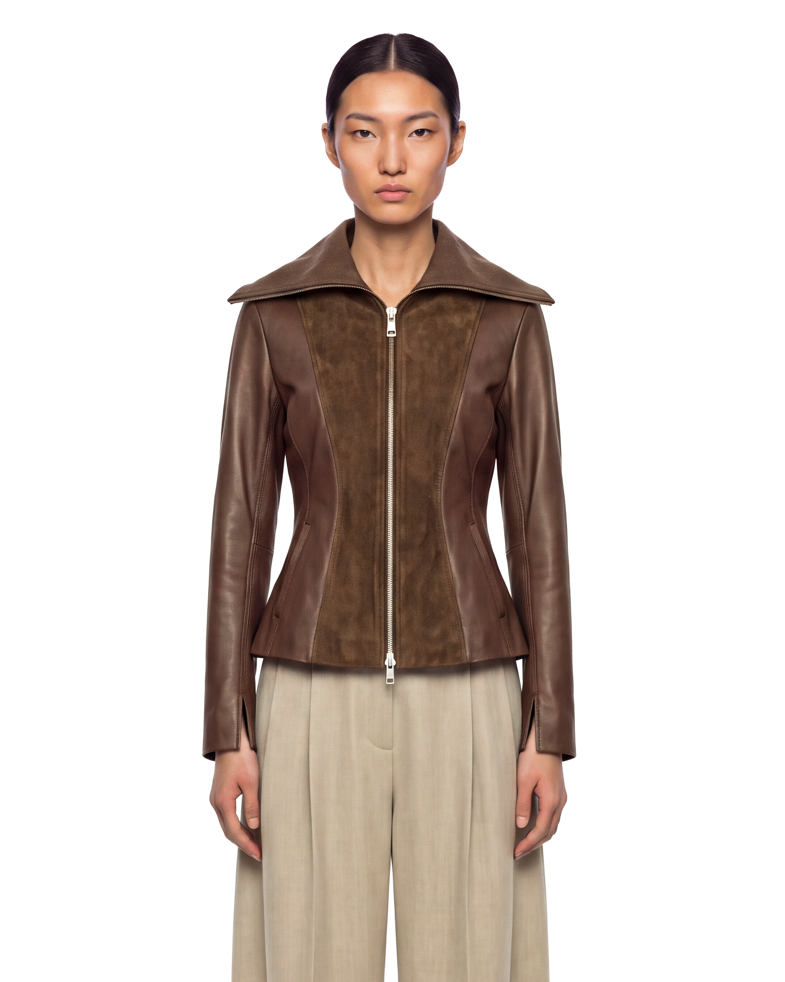 Brown Leather Suede Panel Jacket
