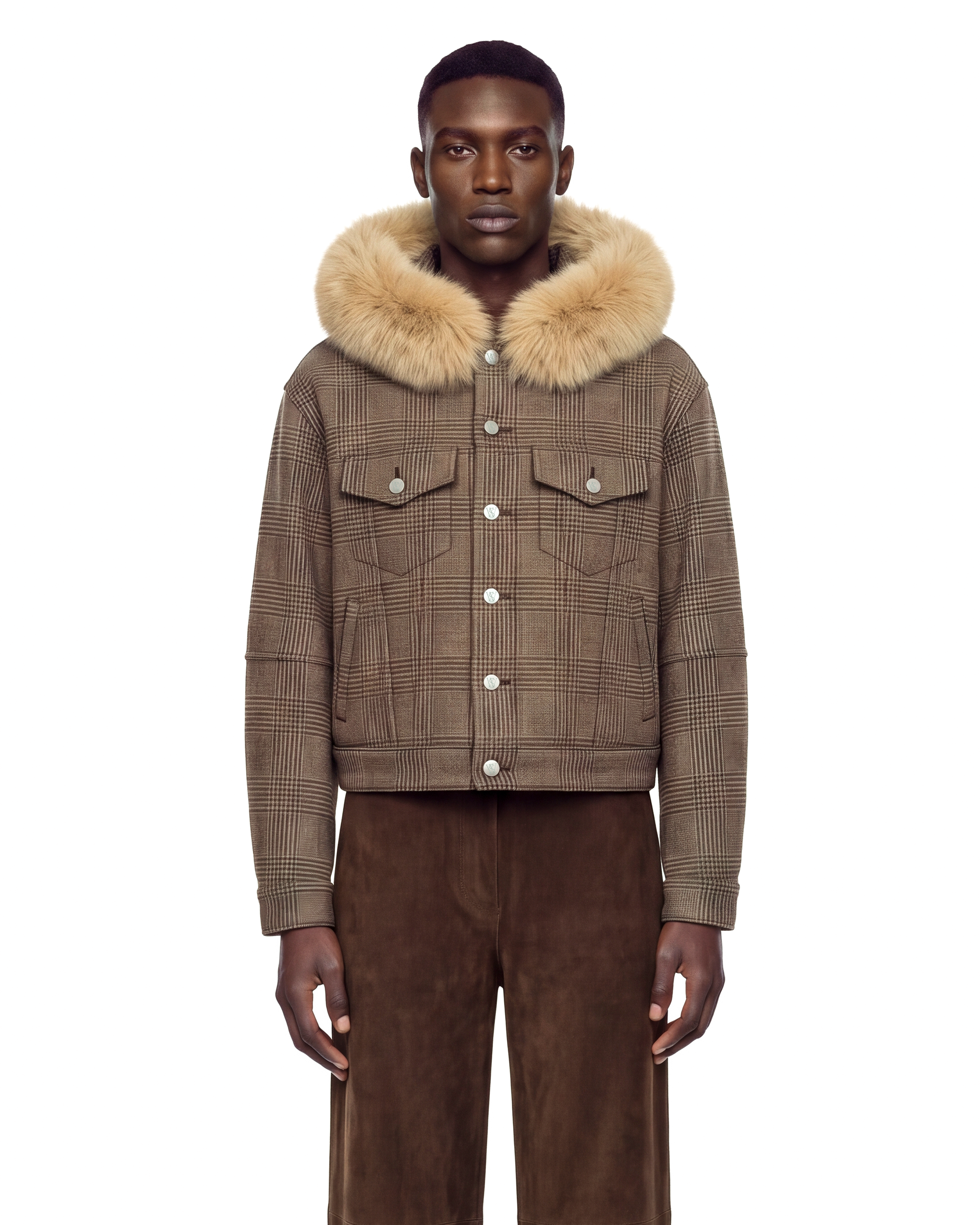 Brown Glen Check Fur Hood Trucker Jacket