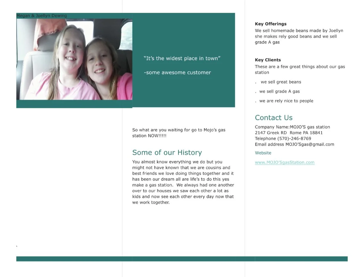 A promotional flyer for MOJO's gas station featuring a photo of two young girls with light-colored hair, smiling inside a vehicle. The flyer includes a quote from a customer, details about the business, its history, key offerings such as selling homemade beans and grade A gas, and contact information with the company's address, phone number, email, and website.