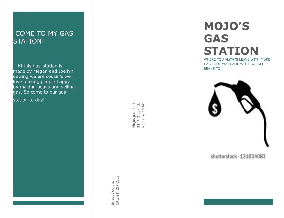 A three-panel advertisement for Mojo's Gas Station featuring a gas pump illustration with a dollar sign bag hanging from it. The left panel invites to visit the gas station, mentioning owners Megan and Joellyn. The middle panel provides the station's address in Rome, PA. The right panel has the station's name and a brief tagline about leaving with more gas than arrived with.