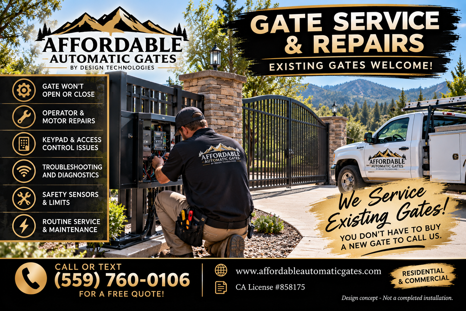 A technician working on an automatic gate control panel outdoors with a mountain range and trees in the background. The image promotes affordable automatic gate services, including gate repair, troubleshooting, safety sensors, and routine maintenance, with contact information.