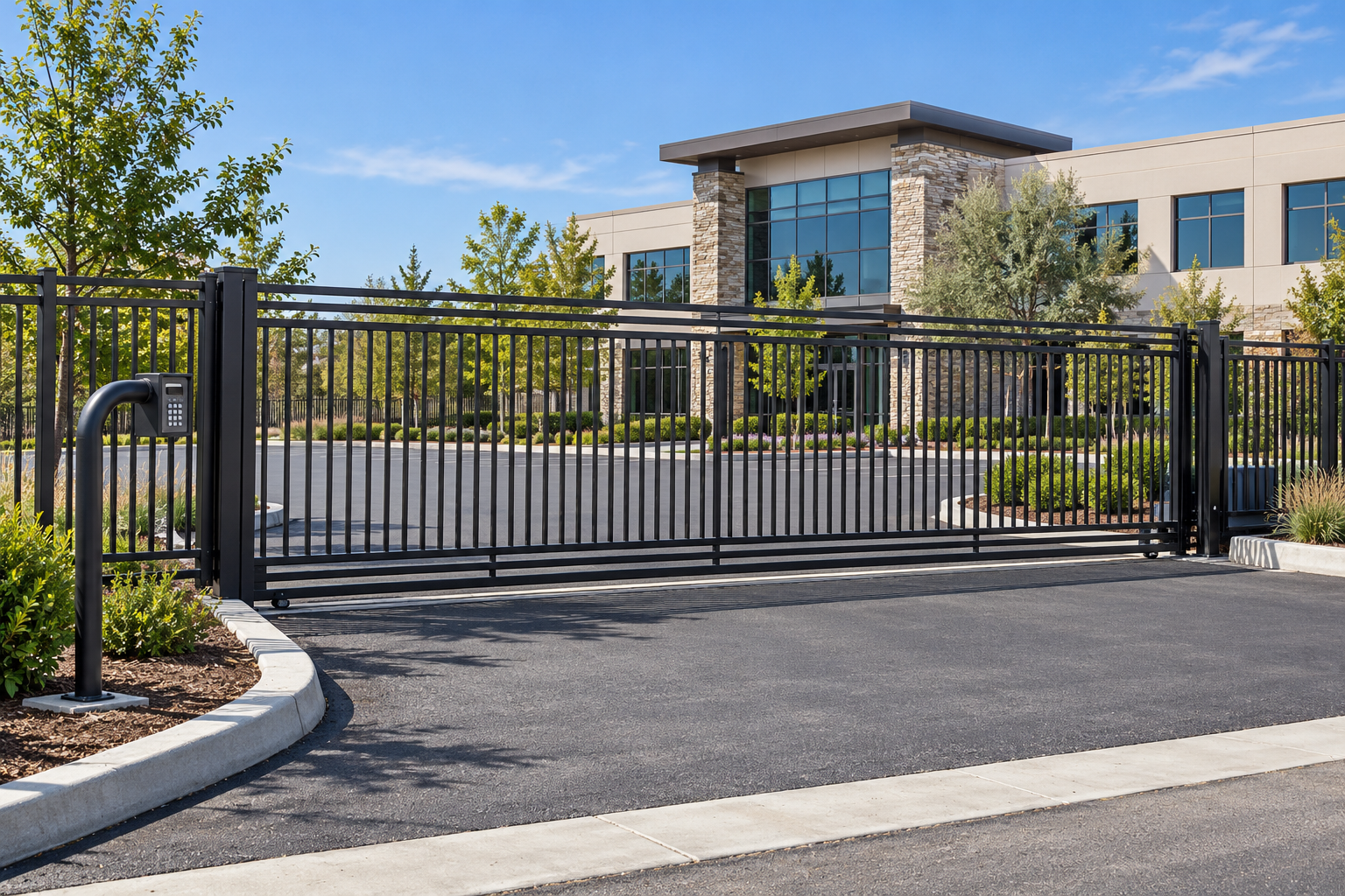 A black sliding gate with a keypad entry system in front of a modern office building surrounded by trees and landscaping.