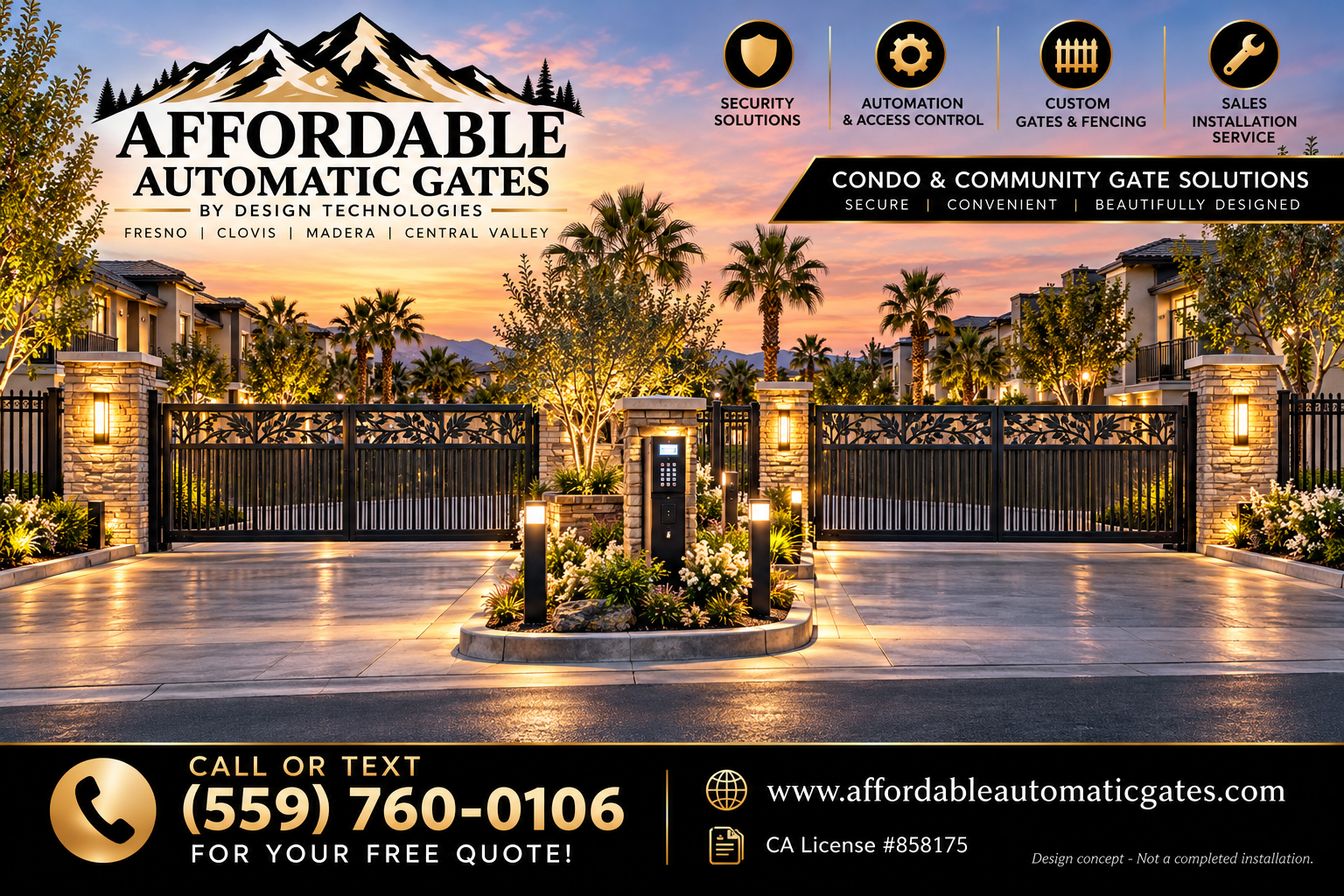 Advertisement for affordable automatic gates featuring a gated community with bright outdoor lighting, palm trees, mountains in the background, and contact information for a gate installation service.