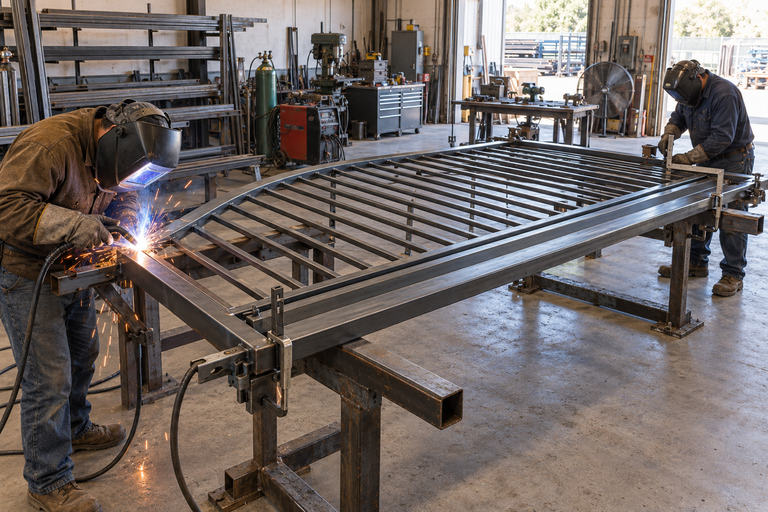 Two workers welding a large metal structure in a factory
