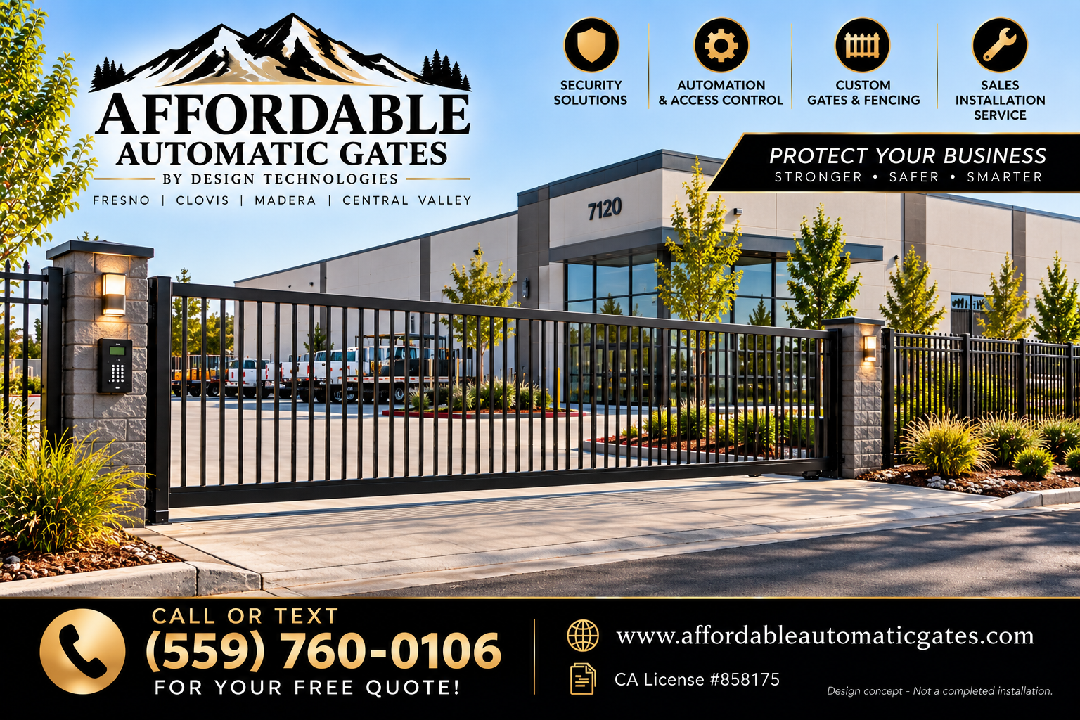 The image shows a modern building with a fenced driveway and parking lot, advertising affordable automatic gates and security solutions, with contact information and a website link.