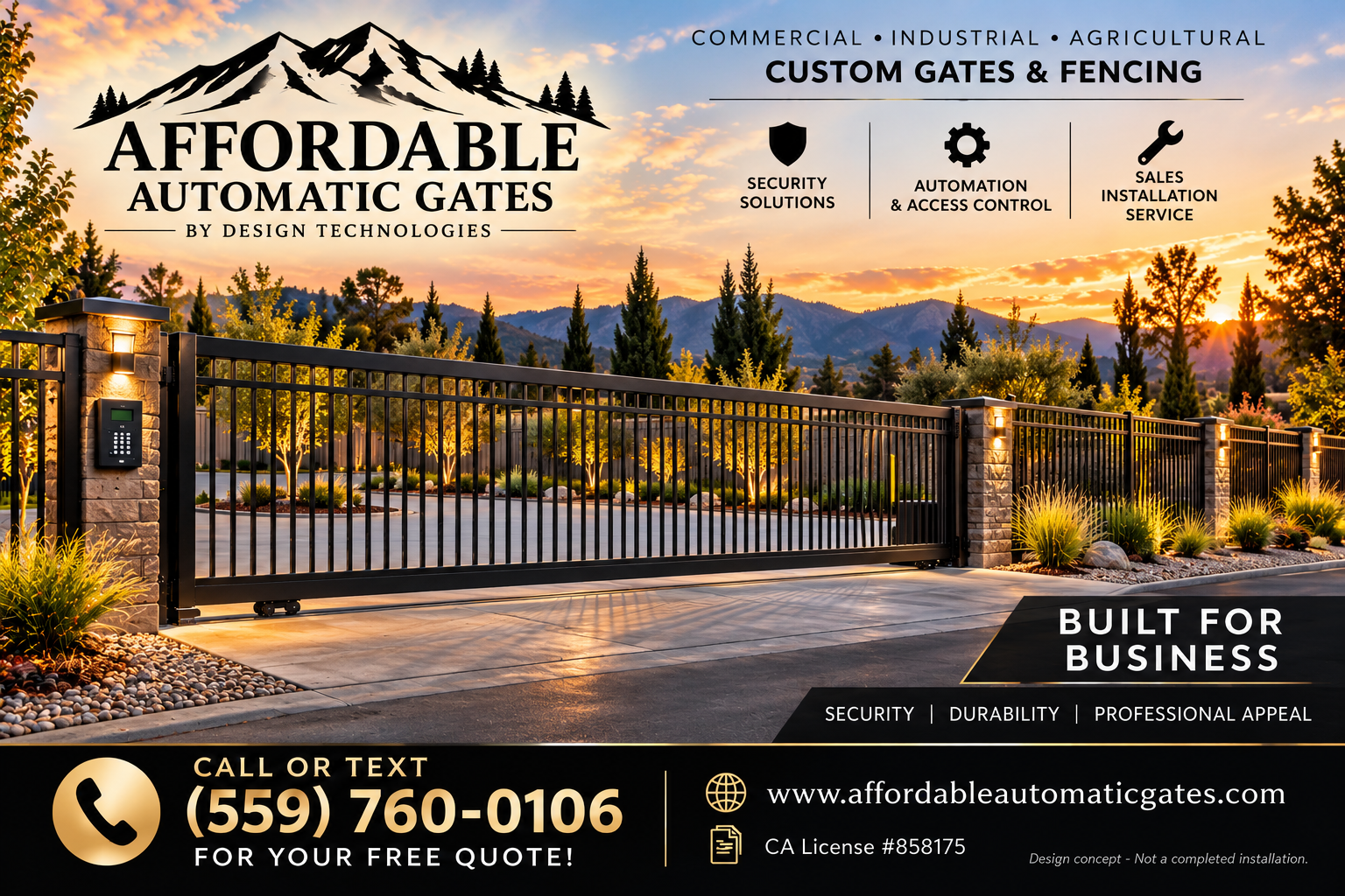 This is an advertisement for custom automated gates by Design Technologies, featuring a black metal gate in front of a landscaped yard with mountains and trees in the background during sunset. The ad highlights security, automation, and sale services