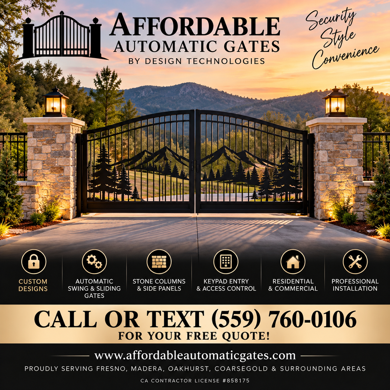 A black metal automatic gate with mountain and pine tree design, flanked by stone columns with lanterns, set against a sunset mountain background, advertising affordable automatic gates.