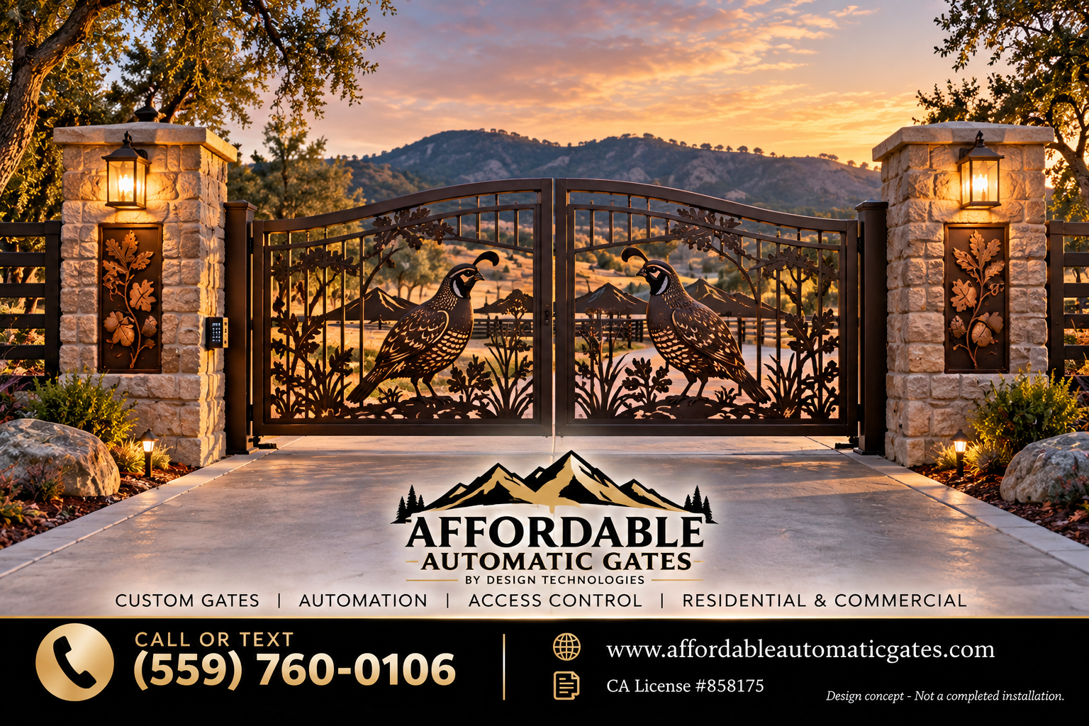 Photograph of a decorative black wrought iron gate with a mountain and sunset in the background, flanked by stone pillars with lanterns. The lower part of the image contains advertising text for affordable automatic gates, including contact informati