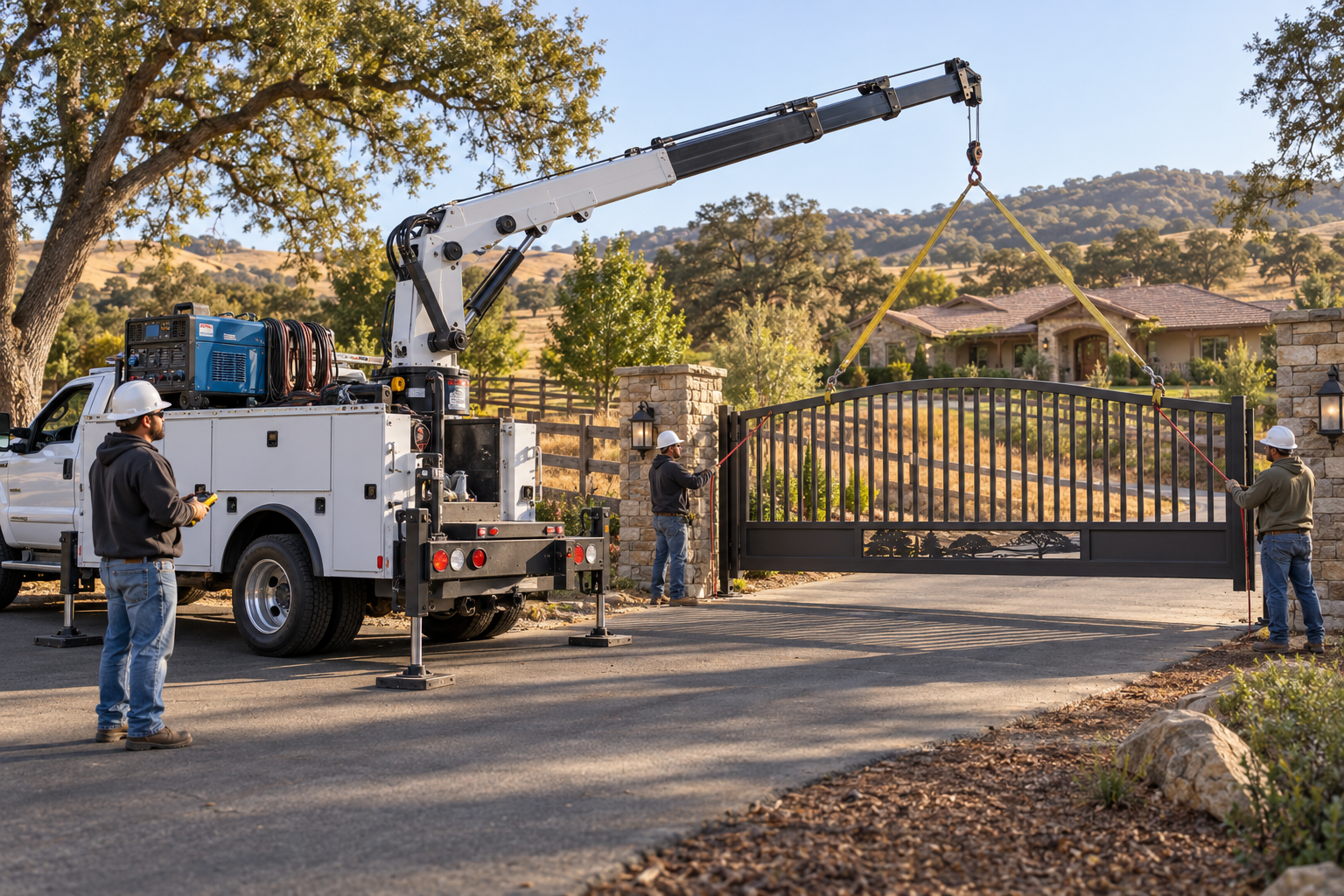 Workers operate a crane to install a large black gate at a residential property.