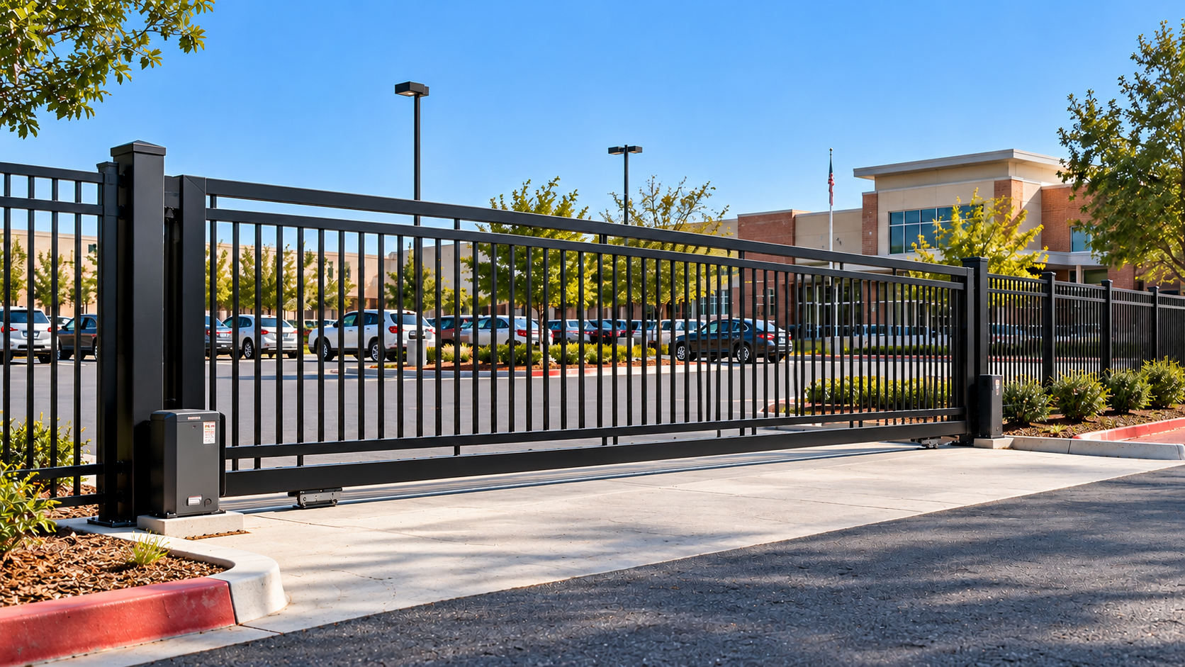 A black sliding gate in front of a parking lot with several cars and a modern building in the background, surrounded by trees and landscaping under a clear blue sky.