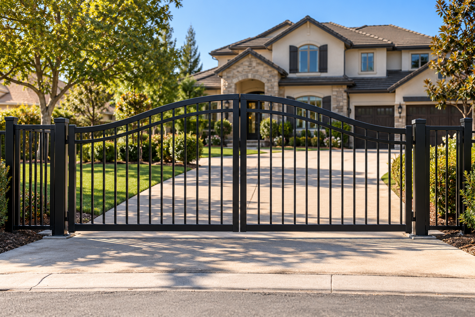 Black metal gate in front of a large house with a well-maintained lawn and trees.