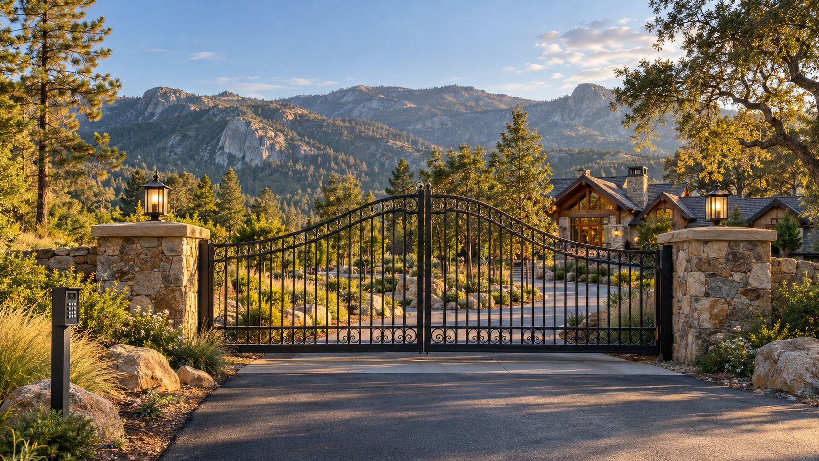 A black wrought iron gate flanked by stone pillars with lanterns, opening to a driveway leading to a house in a mountainous landscape with trees, rocks, and a blue sky.