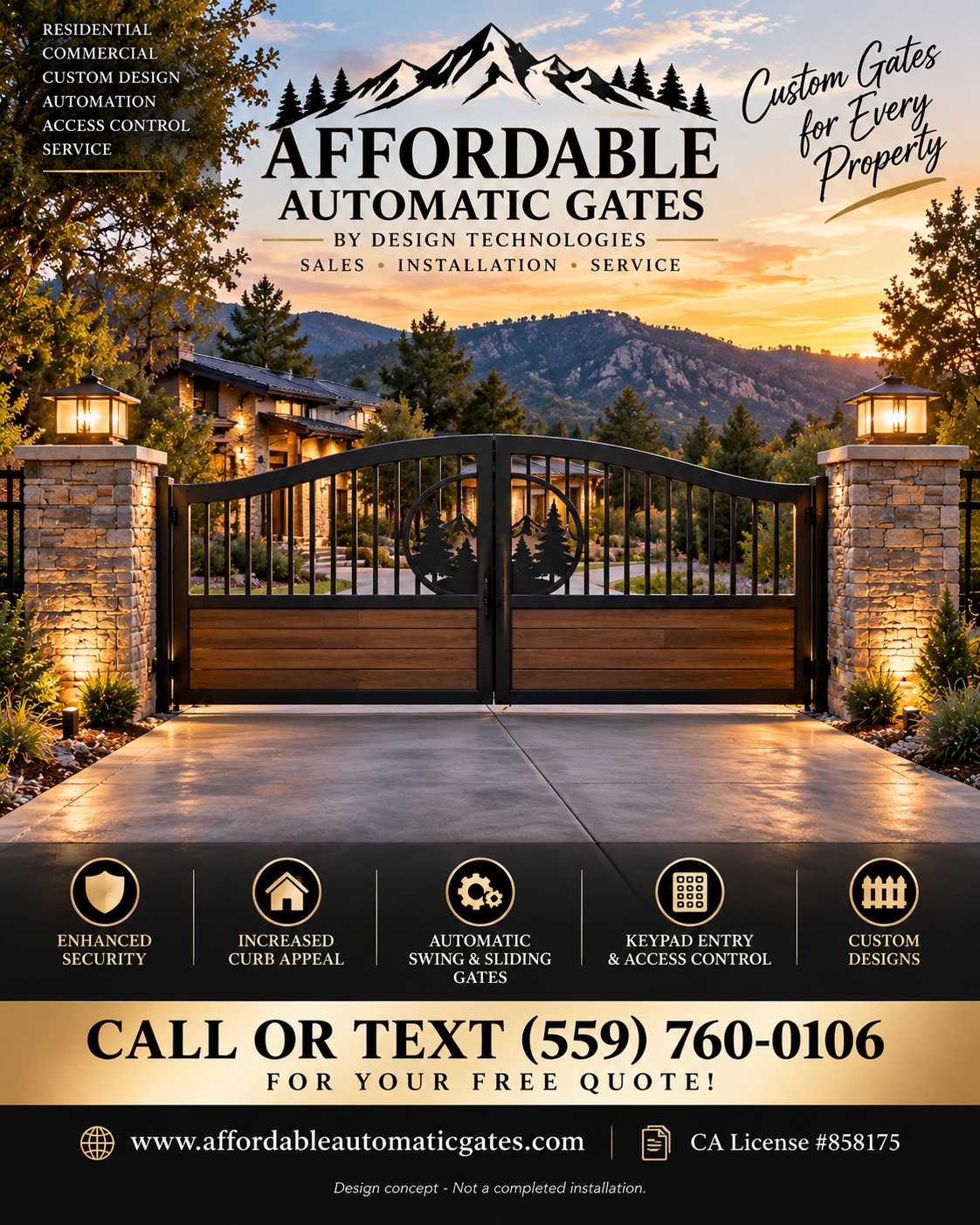 Advertisement for affordable automatic gates featuring a large black and wooden gate with mountain and sunset background, highlighting features like enhanced security, curb appeal, automatic swing and sliding gates, keypad entry, and custom designs, 
