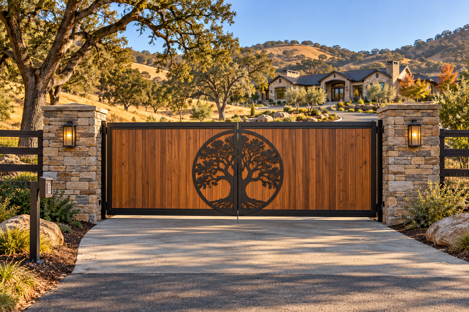 A wooden gate with a metal tree design, flanked by stone pillars with outdoor lights, leading to a house on a hillside with trees and a clear blue sky.