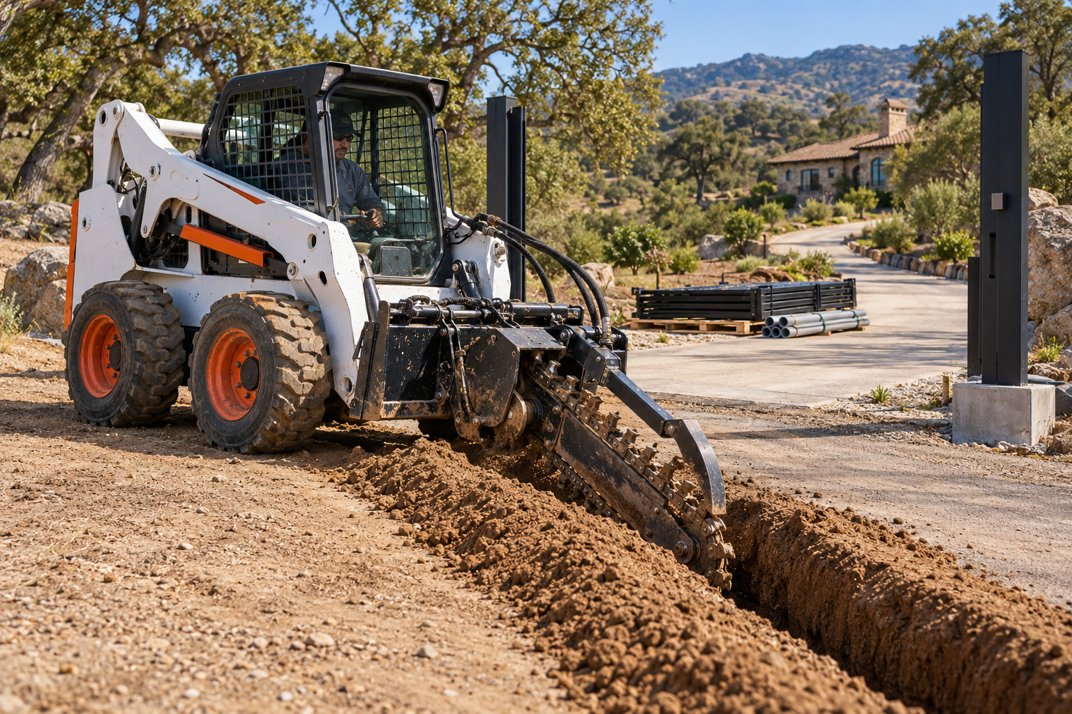 A construction worker operating a skid-steer loader digging a trench on a sunny day at a residential site, with a house, trees, and mountains in the background.