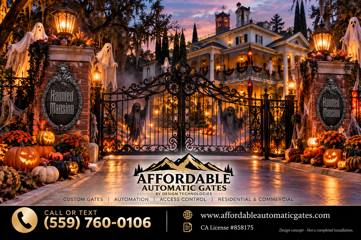 A haunted mansion decorated for Halloween at sunset, with ghost figures, pumpkins, pumpkins with carved faces, spiders, cobwebs, and lanterns
