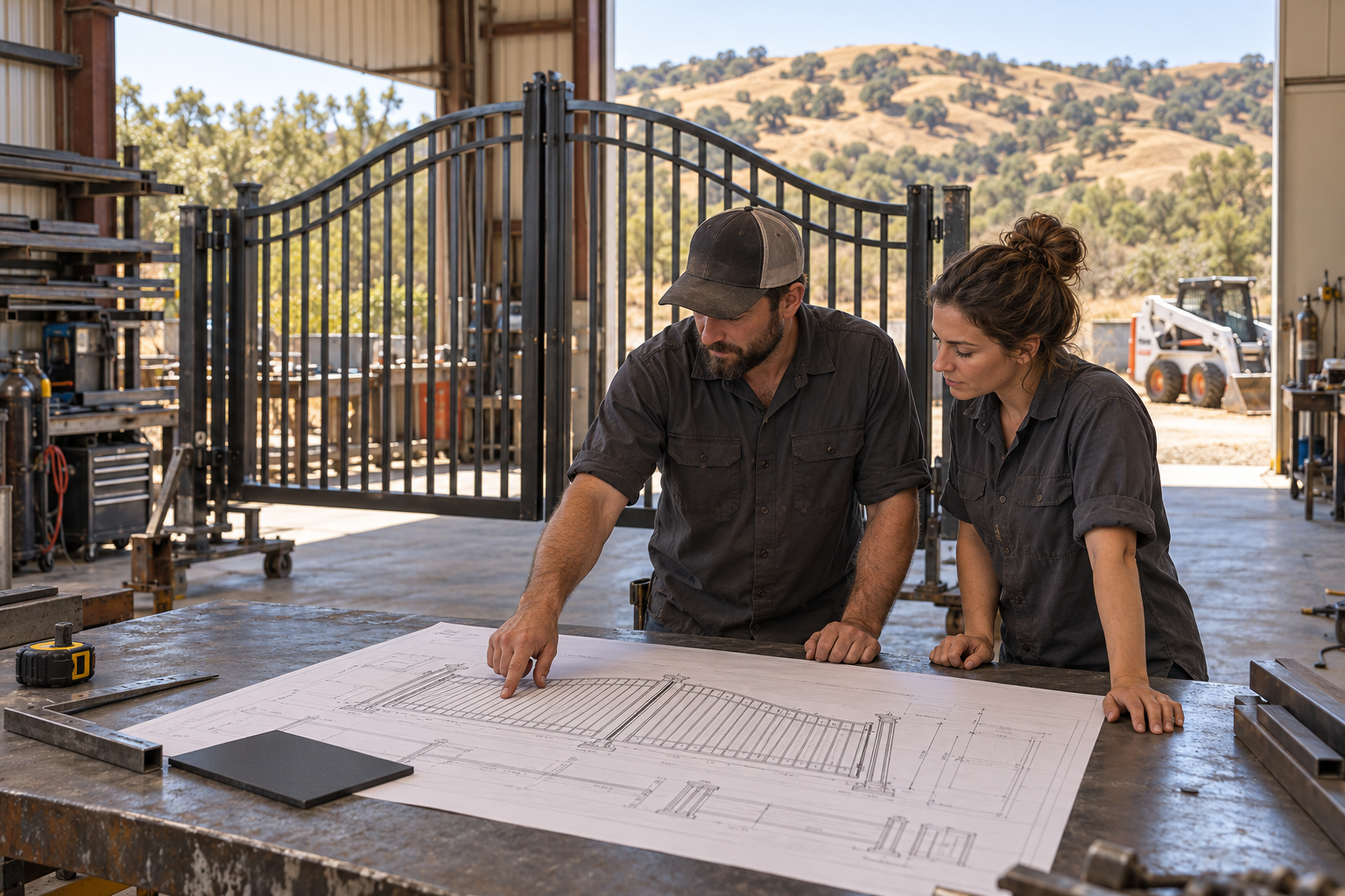 Two people looking at a blueprint in a workshop with metal gate equipment and mountain landscape outside.