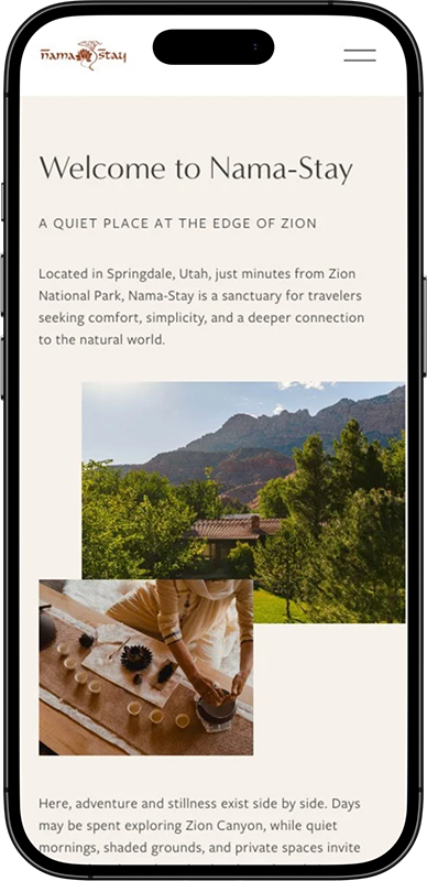 A mobile phone screen displaying a website for Nama-Stay, a retreat in Springdale, Utah. The page shows a scenic view of Zion National Park with mountains and green trees, along with an image of a person preparing herbs or spices on a wooden table.