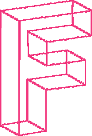 3D pink wireframe letter P with a spiral staircase inside.