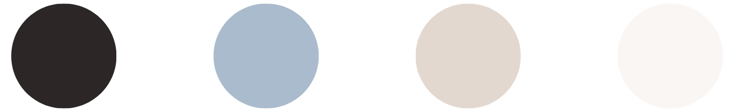 Four watercolor paint blobs in black, blue, taupe, and white colors arranged in a row.