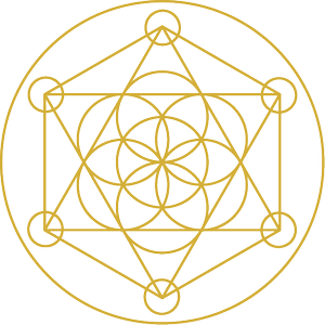 A complex geometric design featuring interconnected circles, lines, and a star shape, rendered in gold against a black background.