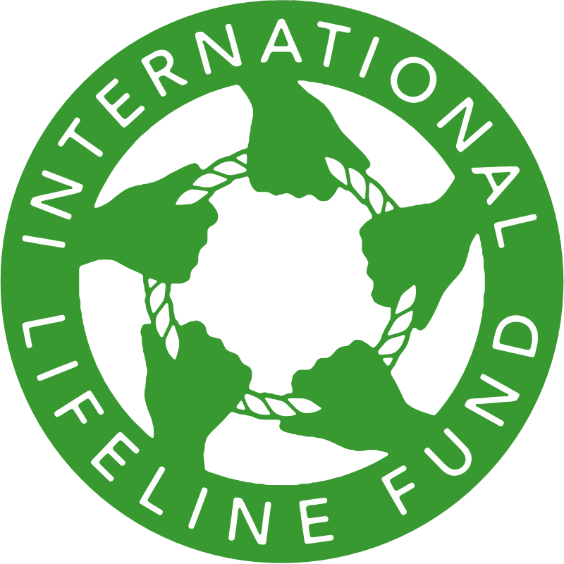 Green circular logo with the recycling symbol, featuring four human hands holding the arrows. The text around the circle reads "International Life Line Fund".