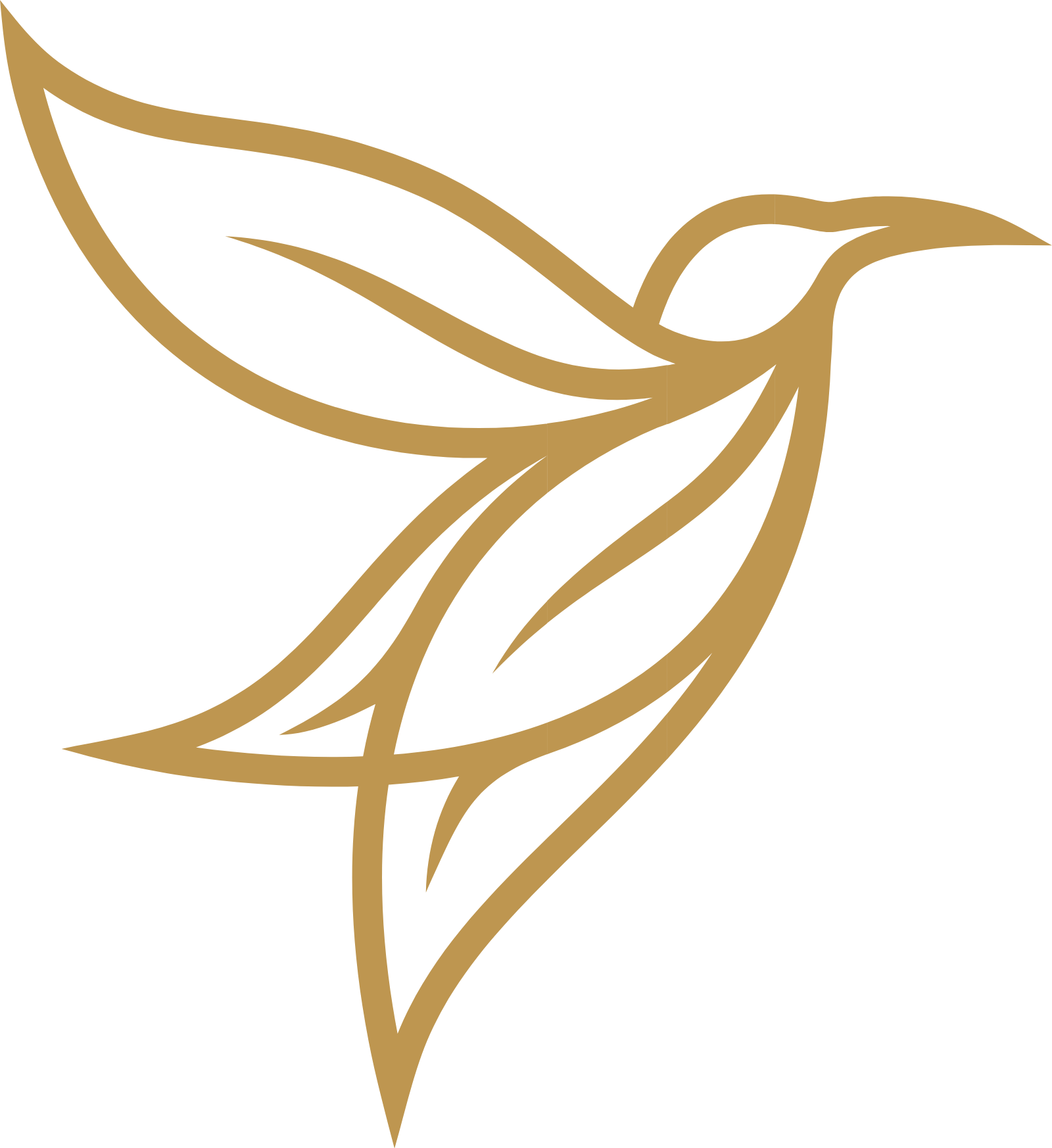 A gold abstract line drawing of a bird with a large wing and tail, set against a black background.