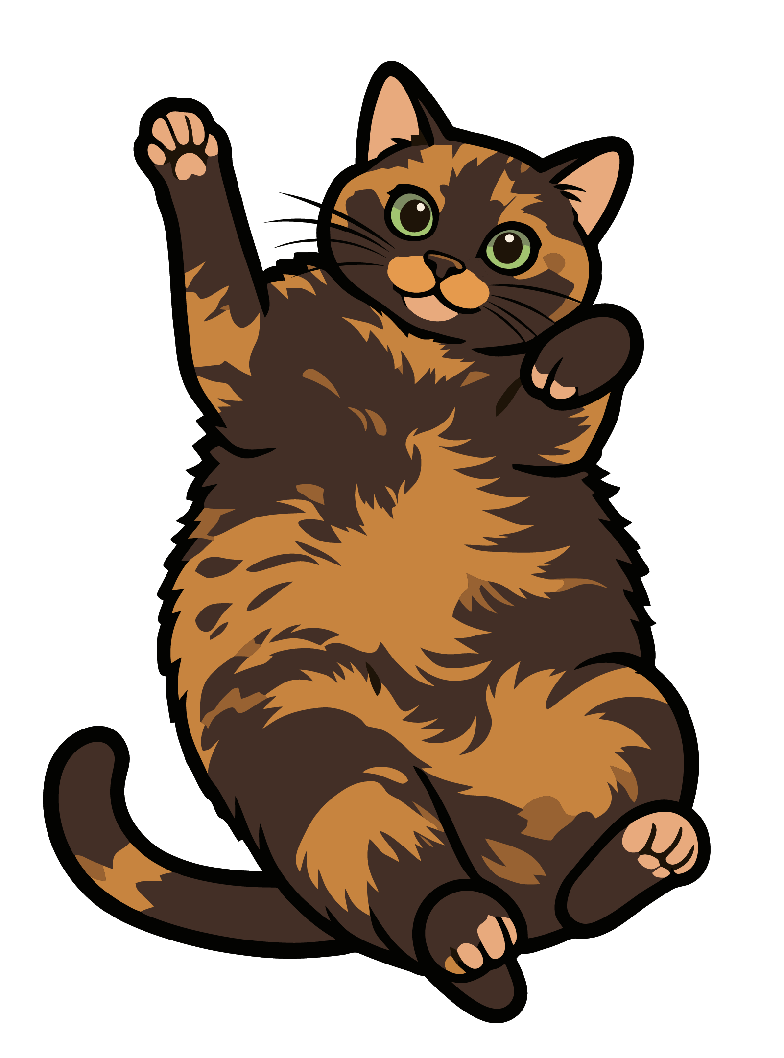Cartoon of a brown tabby kitten with green eyes sitting upright and waving with its right paw against a black background.