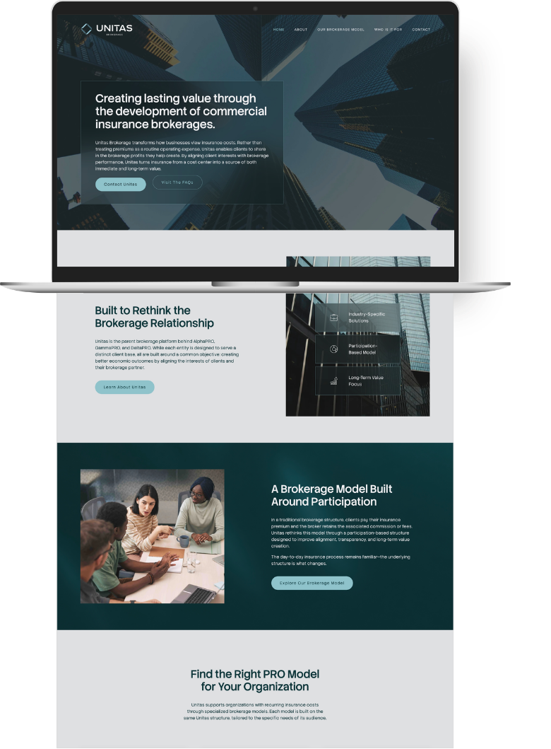 Screenshot of Unitas Insurance broker website featuring sections on evolving brokerage models, client participation, and long-term value growth, with images of skyscrapers and a team discussion.