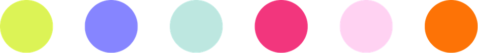 Six colorful circles arranged in a row, in lime green, purple, light blue, pink, lavender, and orange.