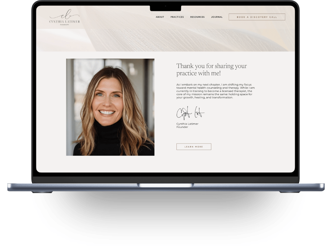 Screenshot of Cynthia Latimer Therapy website with a smiling woman portrait, navigation menu, and a message of gratitude and dedication from Cynthia Latimer.