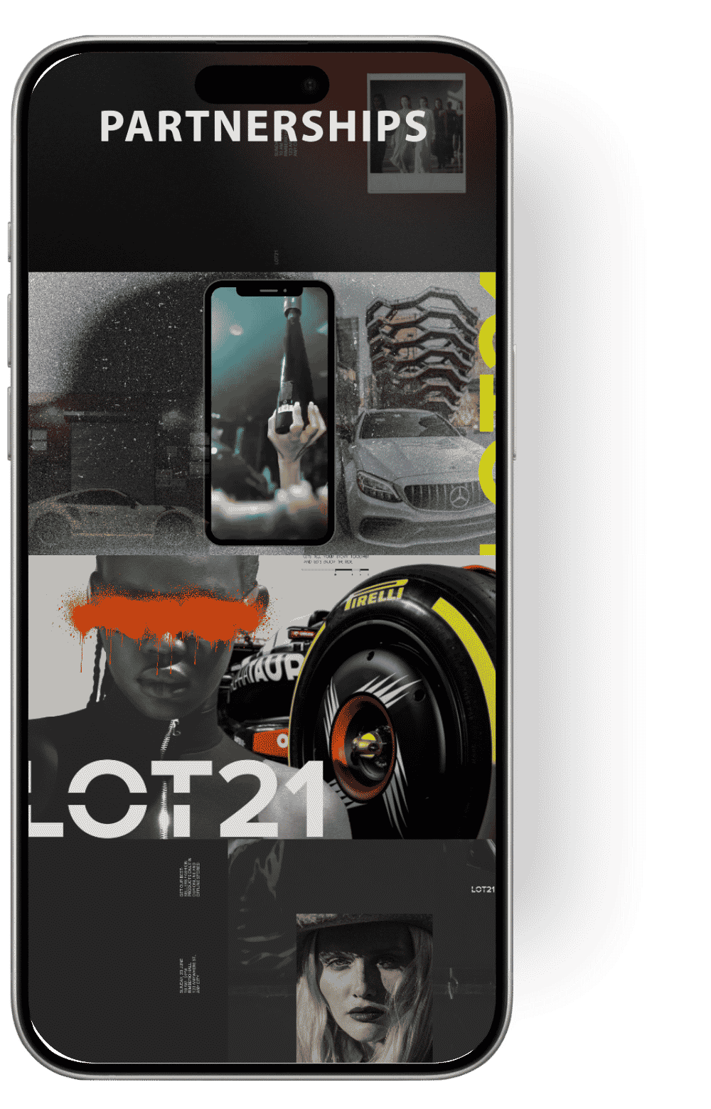 A smartphone screen displaying a collage of various images including cars, a person holding an umbrella, a woman with bright orange hair and a gray racing tire, under the heading "PARTNERSHIPS" and the text "LOT 21."