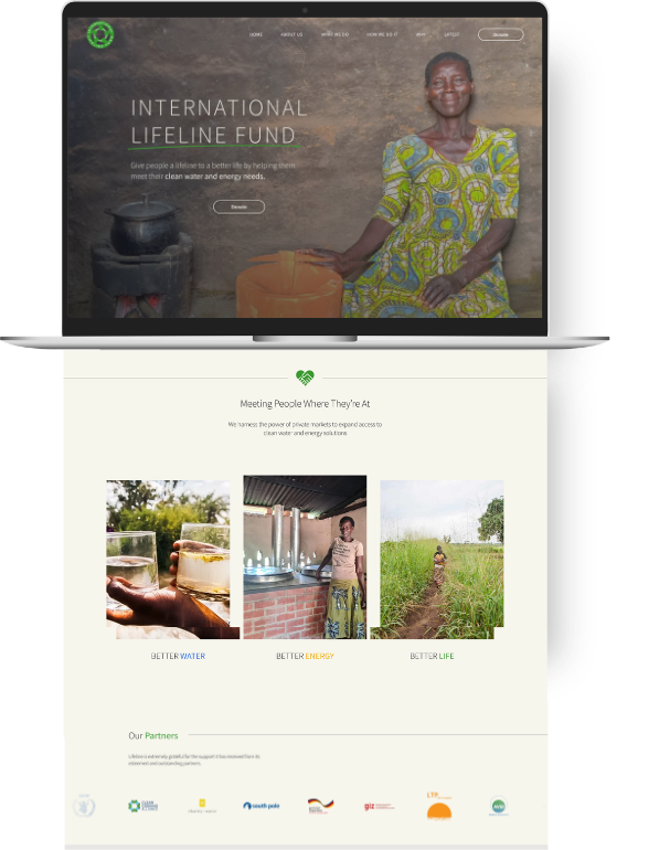 Homepage of the International Life Fund website featuring a woman in a colorful dress and short hair, sitting next to a water container and stove, with sections on water, energy, and life improvements, and images of glass of water, a woman near gas stove, and a woman working in a field.