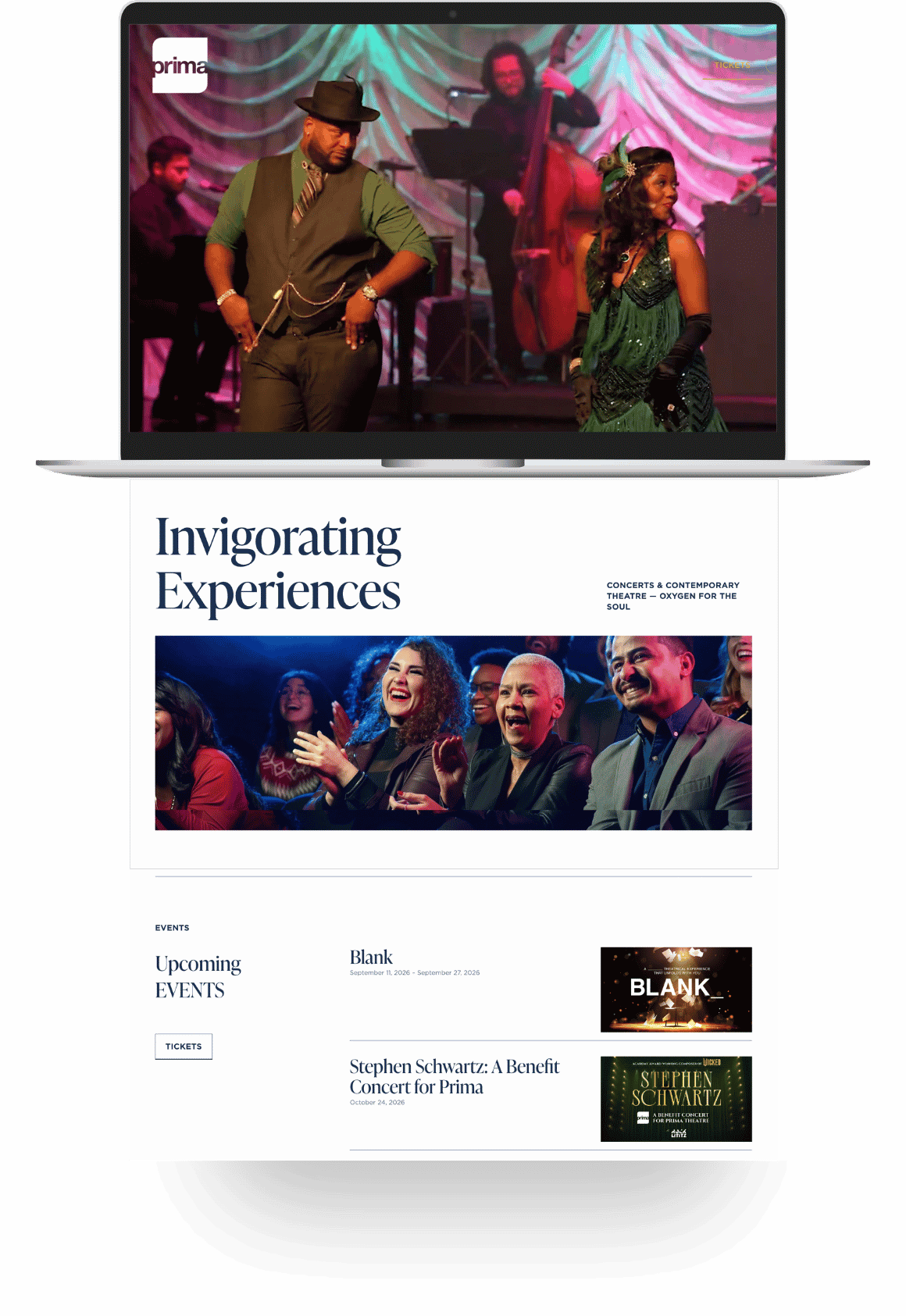 Website displayed on a laptop showing a banner with the text "Invigorating Experiences" and images of people enjoying a concert or event, with sections for upcoming events and tickets.