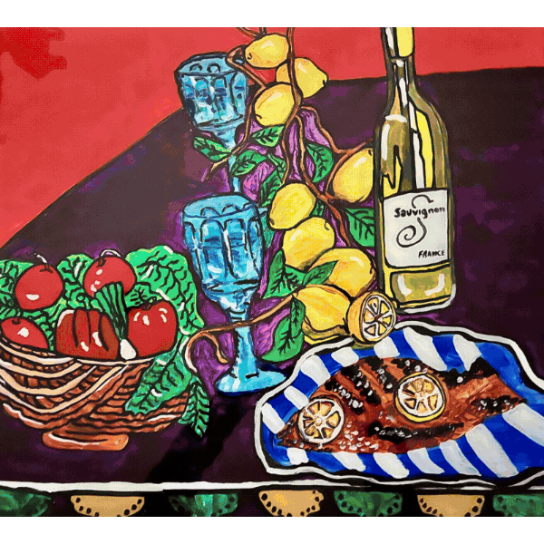 Colorful still life painting of a basket of tomatoes, a glass of water, a branch of lemons with leaves, a bottle of wine labeled 'Sauvignon France,' and a plate with a fish garnished with lemon slices, all on a dark table.
