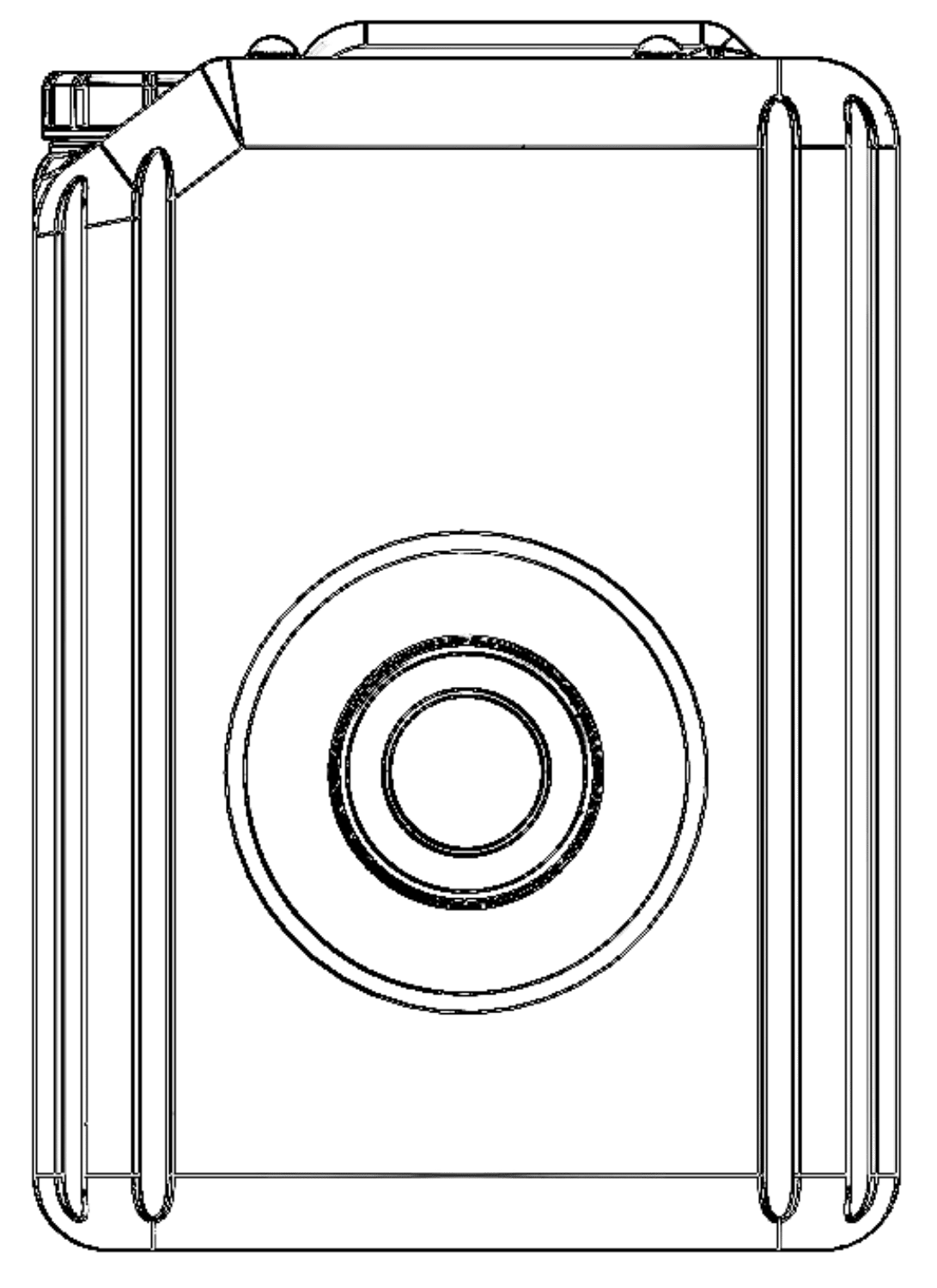 A black and white line drawing of a speaker with a large central cone and a rectangular box housing.